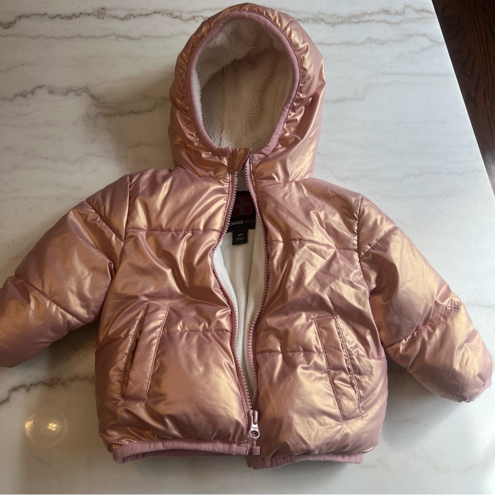 Swiss Tech Girls Baby Puffer Jacket Hooded Pockets Rose Gold Size 12 Months